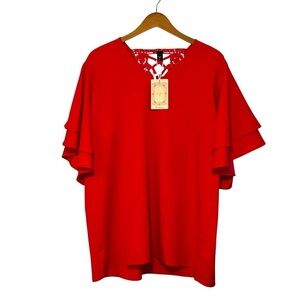 ST. JUBILEEN’S Double Ruffle Flounce Sleeve Back Lace Insert Popover Top  XXL